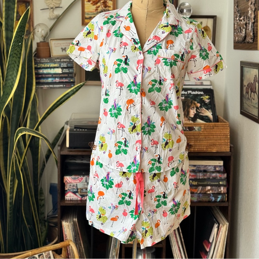 The Company Store Poplin PJ’s Short Set in Flamingo Tropical Cotton Small NWT